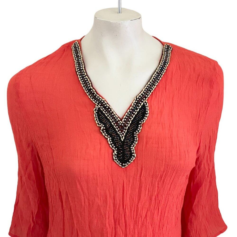 AMIANI Beaded Collar 3/4 Sleeve Gauzy Swim Cover Up in Coral Orange  SZ M